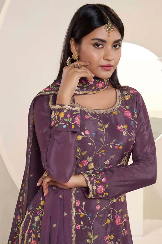 Purple Color Chinon Fabric Adorming Embroidered Sharara Suit
