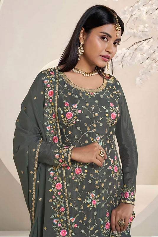 Chinon Fabric Green Color Embroidered Winsome Sharara Suit
