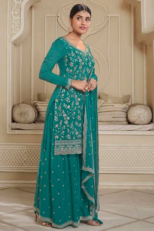 Sea Green Color Chinon Fabric Embroidered Awesome Sharara Suit