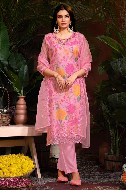 Dazzling Pink Color Readymade Salwar Suit In Organza Fabric