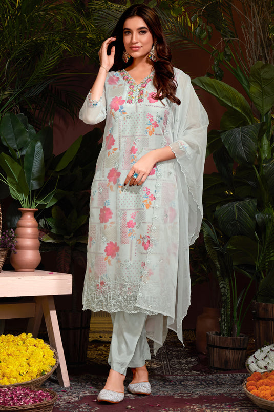 Entrancing Organza Fabric Readymade Salwar Suit In Light Cyan Color