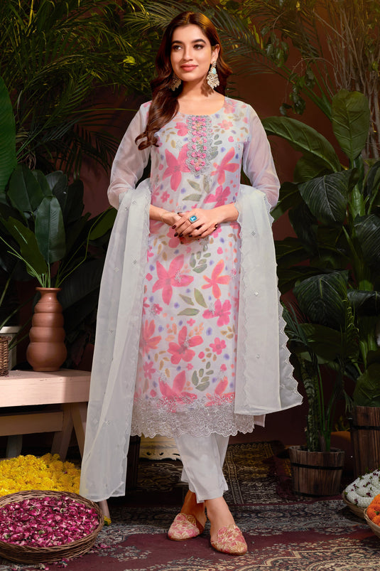 Grey Color Organza Fabric Beatific Readymade Salwar Suit