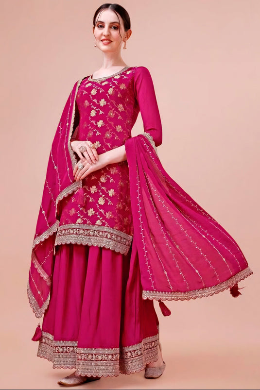 Incredible Chinon Fabric Pink Color Function Wear Sharara Suit