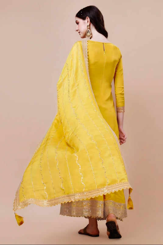 Tempting Chinon Fabric Yellow Color Function Wear Sharara Suit