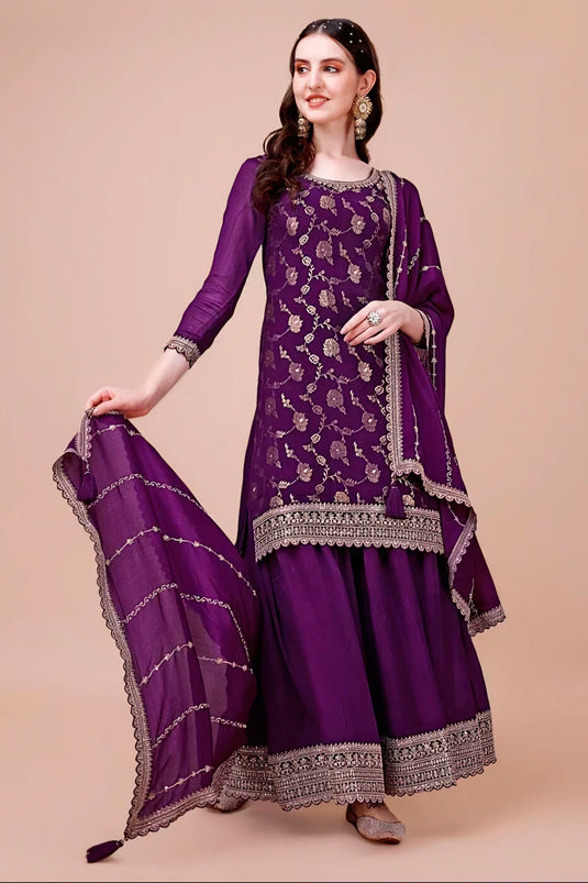 Engaging Purple Color Chinon Fabric Function Wear Sharara Suit