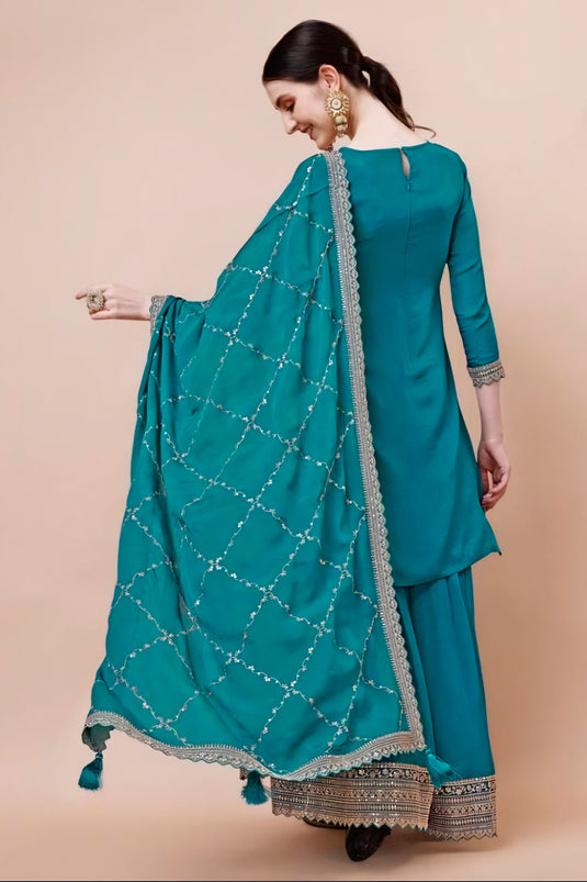 Classic Cyan Color Function Wear Sharara Suit In Chinon Fabric