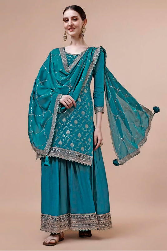 Classic Cyan Color Function Wear Sharara Suit In Chinon Fabric