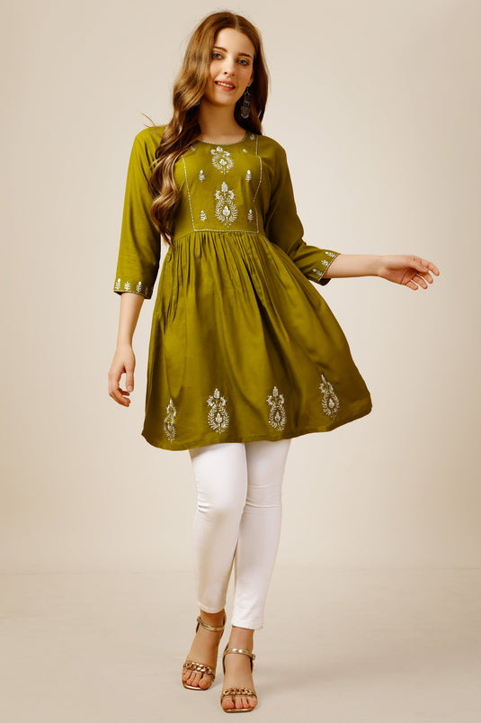 Radiant Mehendi Green Color Rayon Fabric Readymade Short Kurti