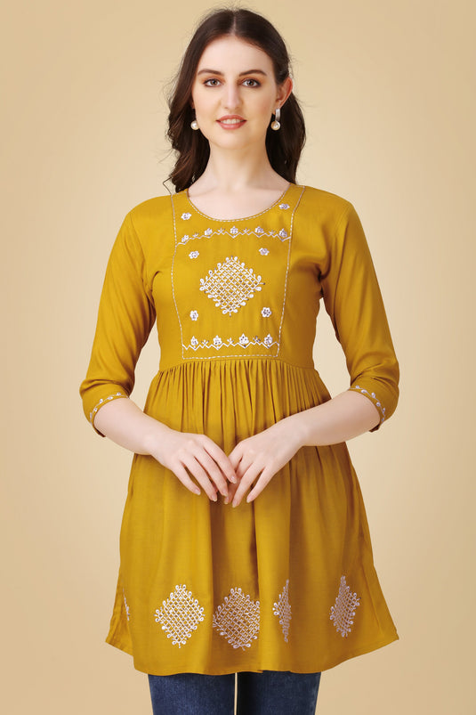 Excellent Rayon Fabric Mustard Color Readymade Short Kurti