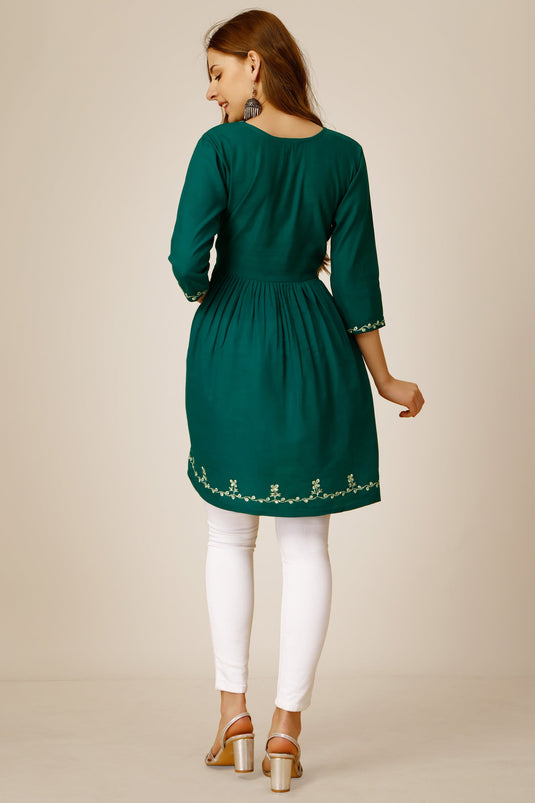 Beguiling Green Color Rayon Fabric Readymade Short Kurti