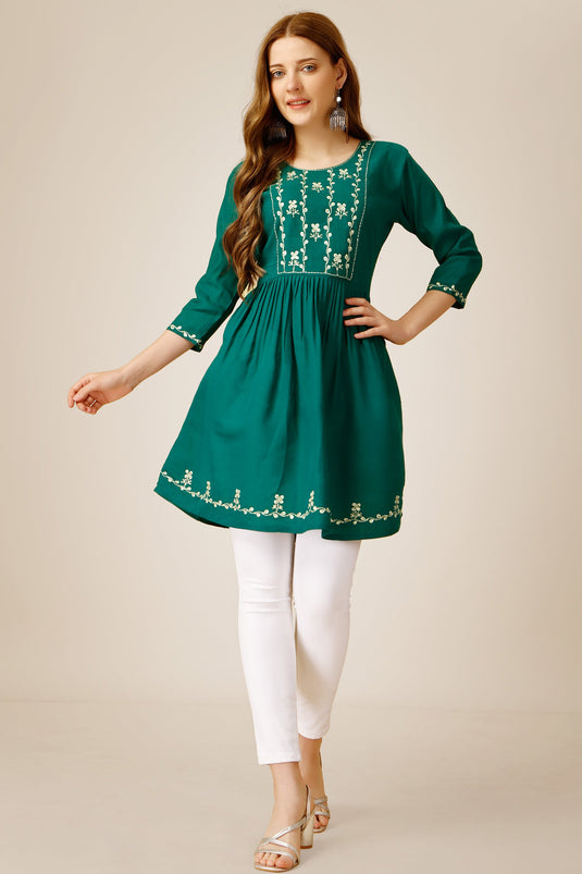 Beguiling Green Color Rayon Fabric Readymade Short Kurti