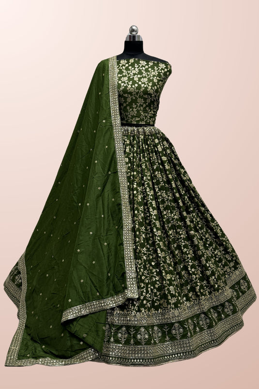 Heavy Viscose Fabric Sequins Work On Green Color Lehenga