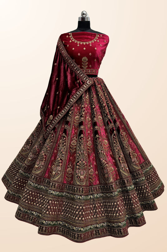 Stylish Sequins Embroidered Pink Velvet Fabric Bridal Lehenga