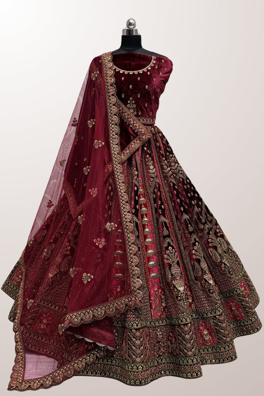 Wedding look Velvet Fabric Sequins Embroidered Bridal Lehenga in Maroon Color