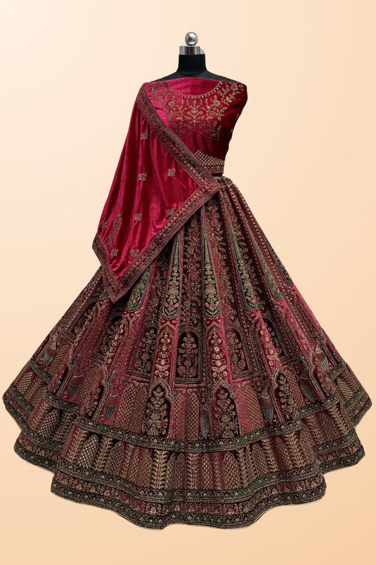 Wedding Wear Embroidered Glorious Pink Color Bridal Lehenga In Velvet Fabric