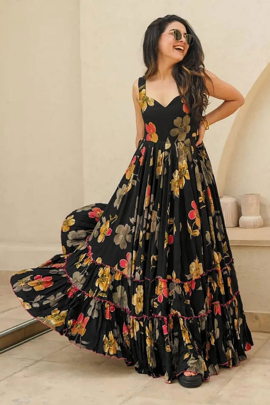 Beguiling Digital Printed Black Color Rayon Fabric Readymade Gown