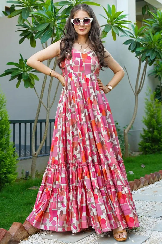 Engaging Pink Color Digital Printed Rayon Fabric Readymade Gown