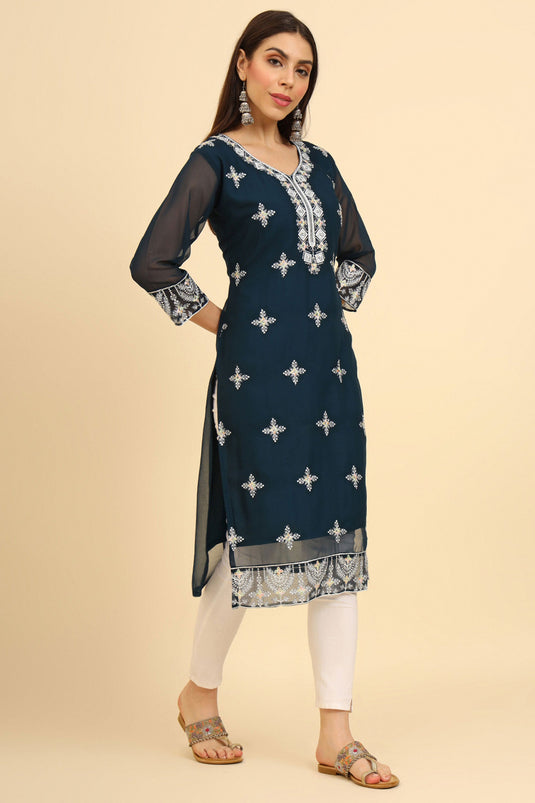 Engaging Teal Color Georgette Readymade Casual Wear Kurti