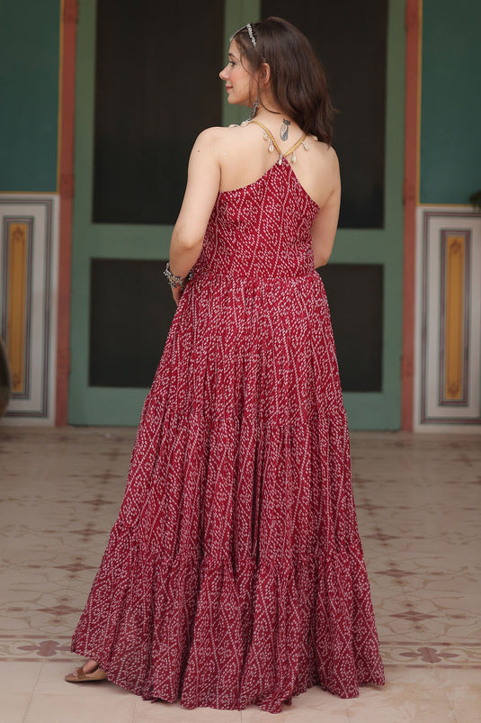 Georgette Fabric Bandhani Printed Luminous Readymade Gown In Maroon Color