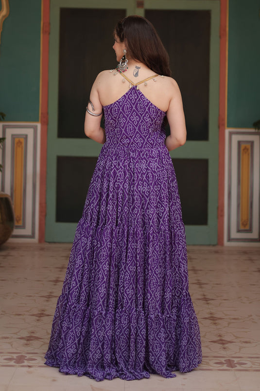 Georgette Fabric Charismatic Readymade Bandhani Printed Gown In Purple Color