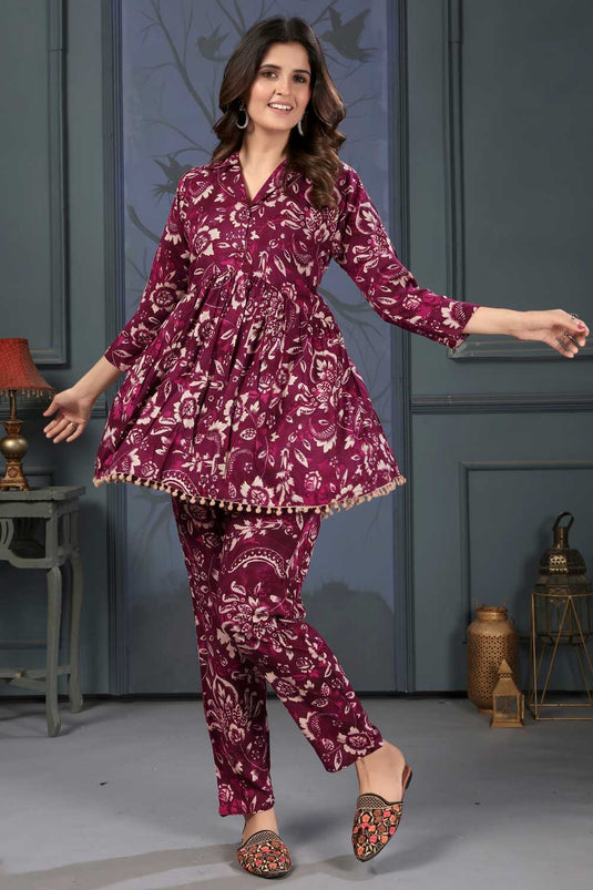 Exclusive Printed Burgundy Color Rayon Fabric Co Ord Set