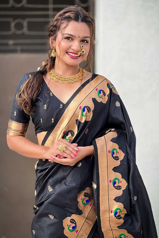 Weaving Work Soothing Paithani Silk Saree In Black Color