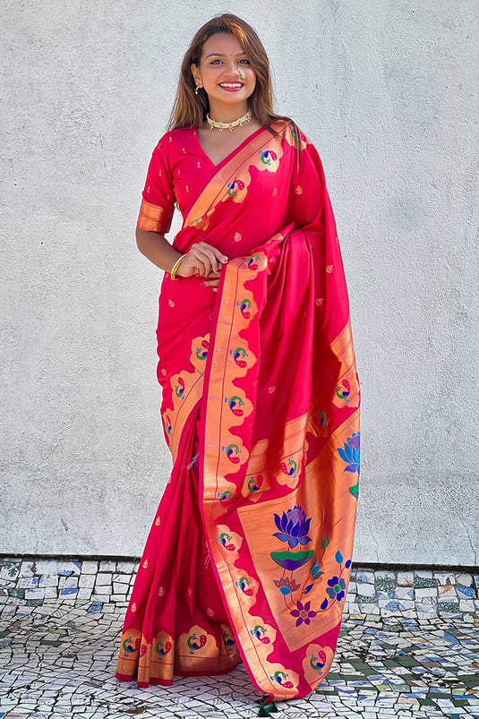 Blazing Red Color Weaving Work Paithani Silk Saree