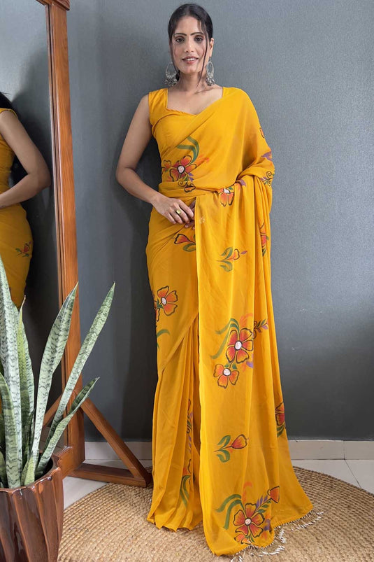 Floral Printed Awesome Georgette Saree In Mustard Color