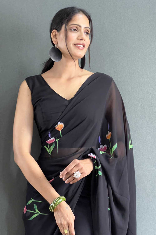 Floral Printed Black Color Trendy Georgette Saree