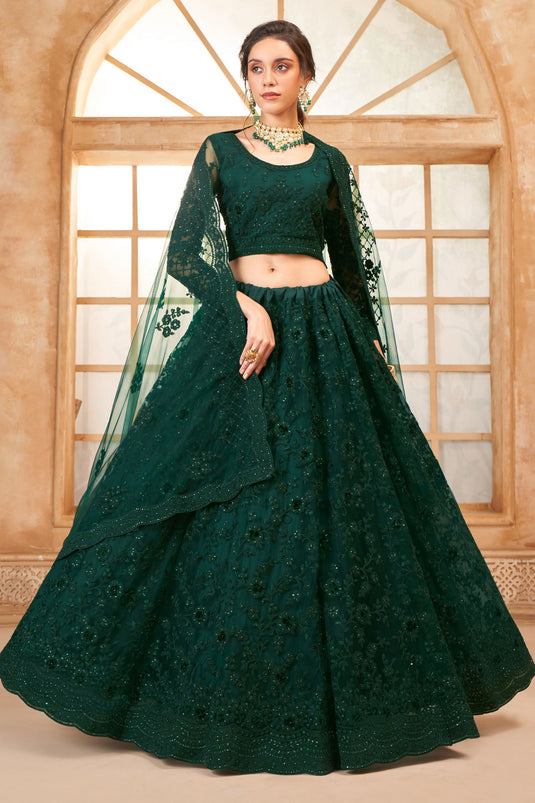 Dark Green Shine Wedding Thread Lehenga Choli