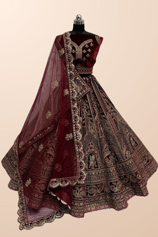 Glamorous Bridal Velvet Lehenga With Double Dupatta In Red Color