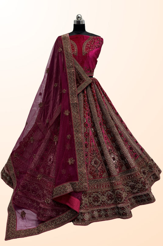 Pink Color Luminous Bridal Velvet Lehenga With Double Dupatta