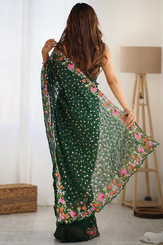 Captivating Georgette Saree In Green Color