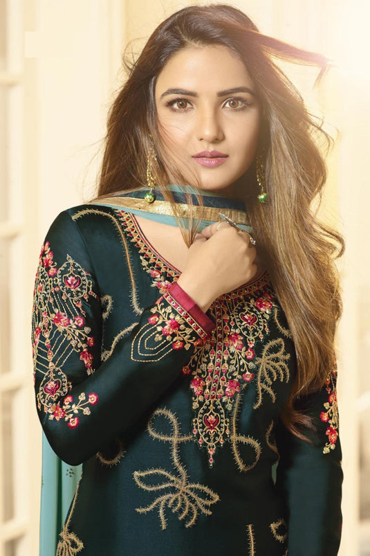 Jasmin Bhasin Incredible Satin Georgette Teal Color Salwar Suit