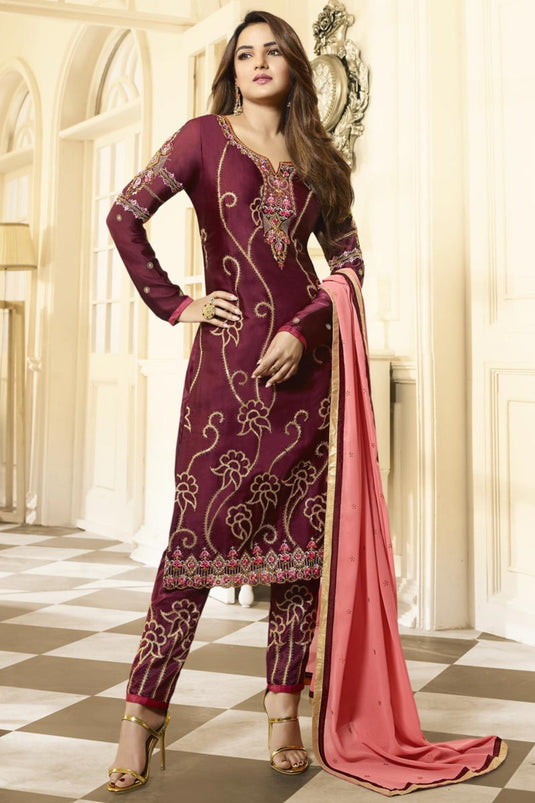 Jasmin Bhasin Satin Georgette Maroon Color Tempting Salwar Suit