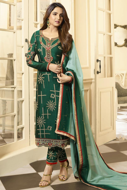 Jasmin Bhasin Classic Dark Green Color Satin Georgette Salwar Suit