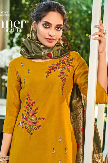 Embroidered Mustard Function Wear Art Silk Readymade Top And Skirt