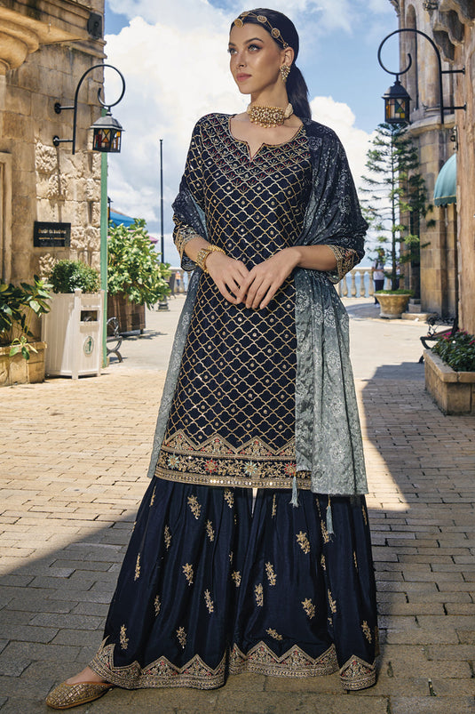 Chinon Fabric Navy Blue Color Festive Wear Embroidered Readymade Palazzo Salwar Kameez