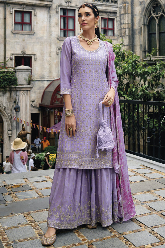 Lavender Color Function Wear Embroidered Readymade Palazzo Suit In Chinon Fabric