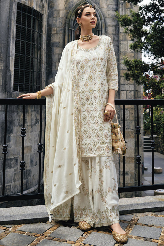 Festive Wear Embroidered Readymade Palazzo Salwar Kameez In Chinon Fabric Beige Color