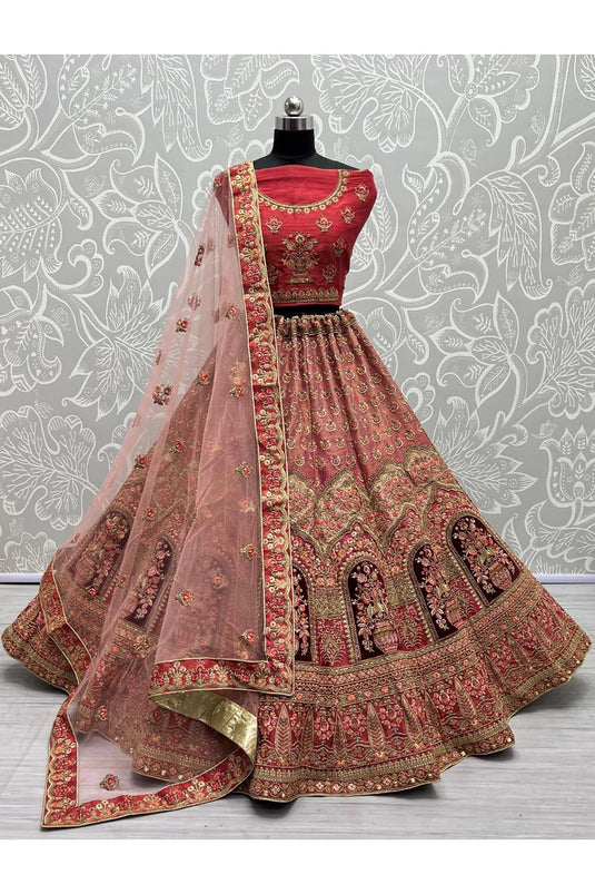 Excellent Net Fabric Pink Color Bridal Lehenga With Embroidered Work