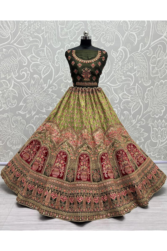 Embellished Embroidered Work On Green Color Net Fabric Bridal Lehenga