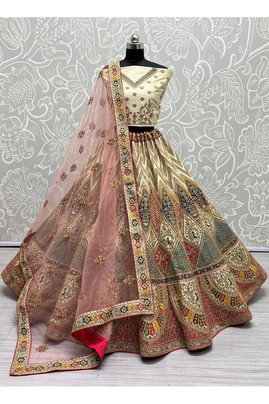 Embroidered Beige Color Wedding Wear Alluring Bridal Lehenga In Silk Fabric