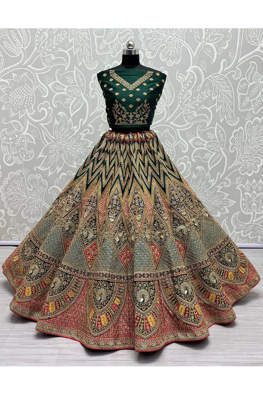 Tempting Silk Fabric Dark Green Color Wedding Wear Bridal Lehenga With Embroidered Work