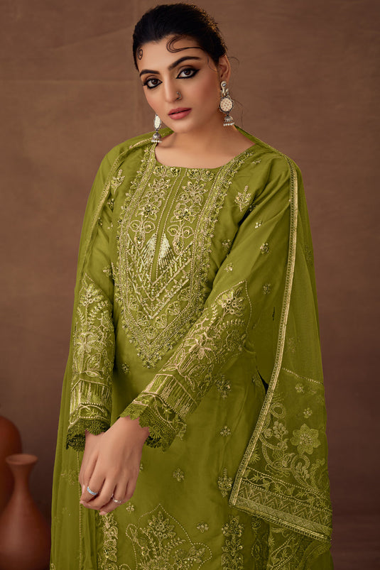 Green Color Function Wear Embroidered Palazzo Suit In Organza Fabric