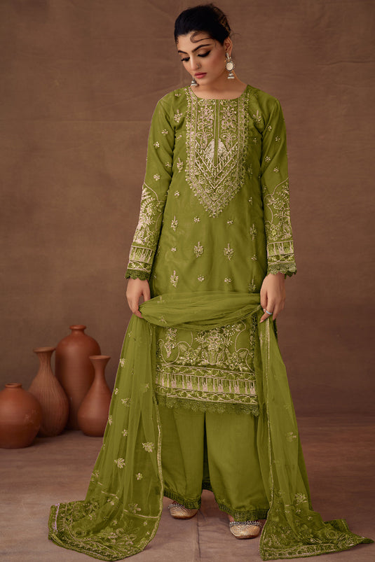 Green Color Function Wear Embroidered Palazzo Suit In Organza Fabric
