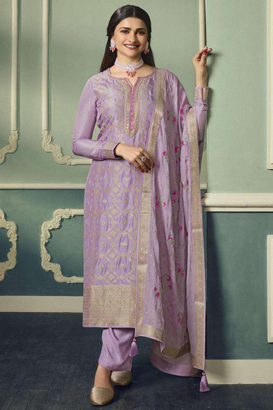 Prachi Desai Lavender Color Function Wear Embroidered Designer Long Straight Cut Suit In Viscose Jacquard Fabric