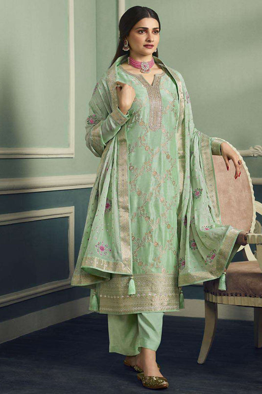 Prachi Desai Viscose Jacquard Fabric Festive Wear Embroidered Designer Long Straight Cut Suit In Sea Green Color