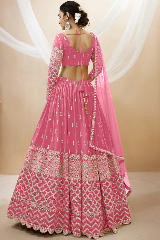 Excellent Georgette Fabric Pink Color Lehenga Choli With Embroidered Work