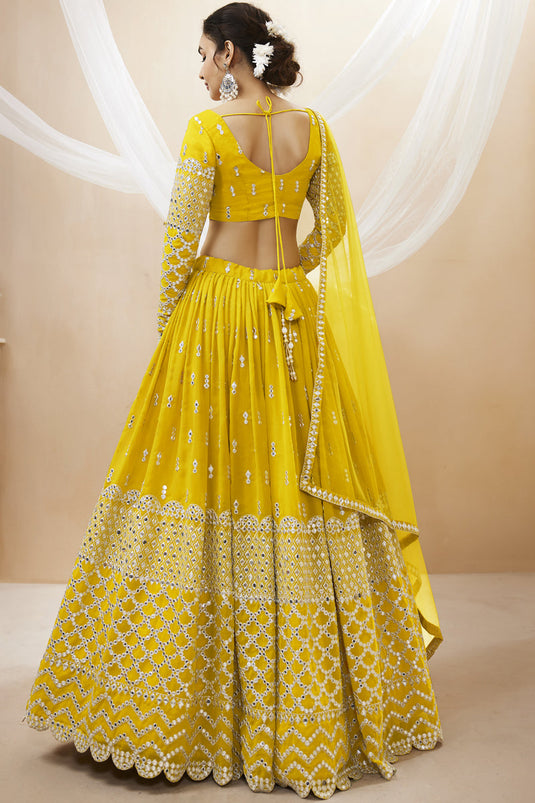 Embellished Embroidered Work On Yellow Color Georgette Fabric Lehenga Choli